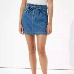 Women American Eagle Medium Wash Tie Paperbag Waist Denim mini skirt fall casual